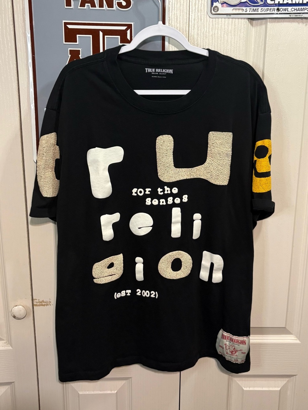 True Religion Black Short Sleeve Graphic Logo Tee with Cream and Yellow Accents